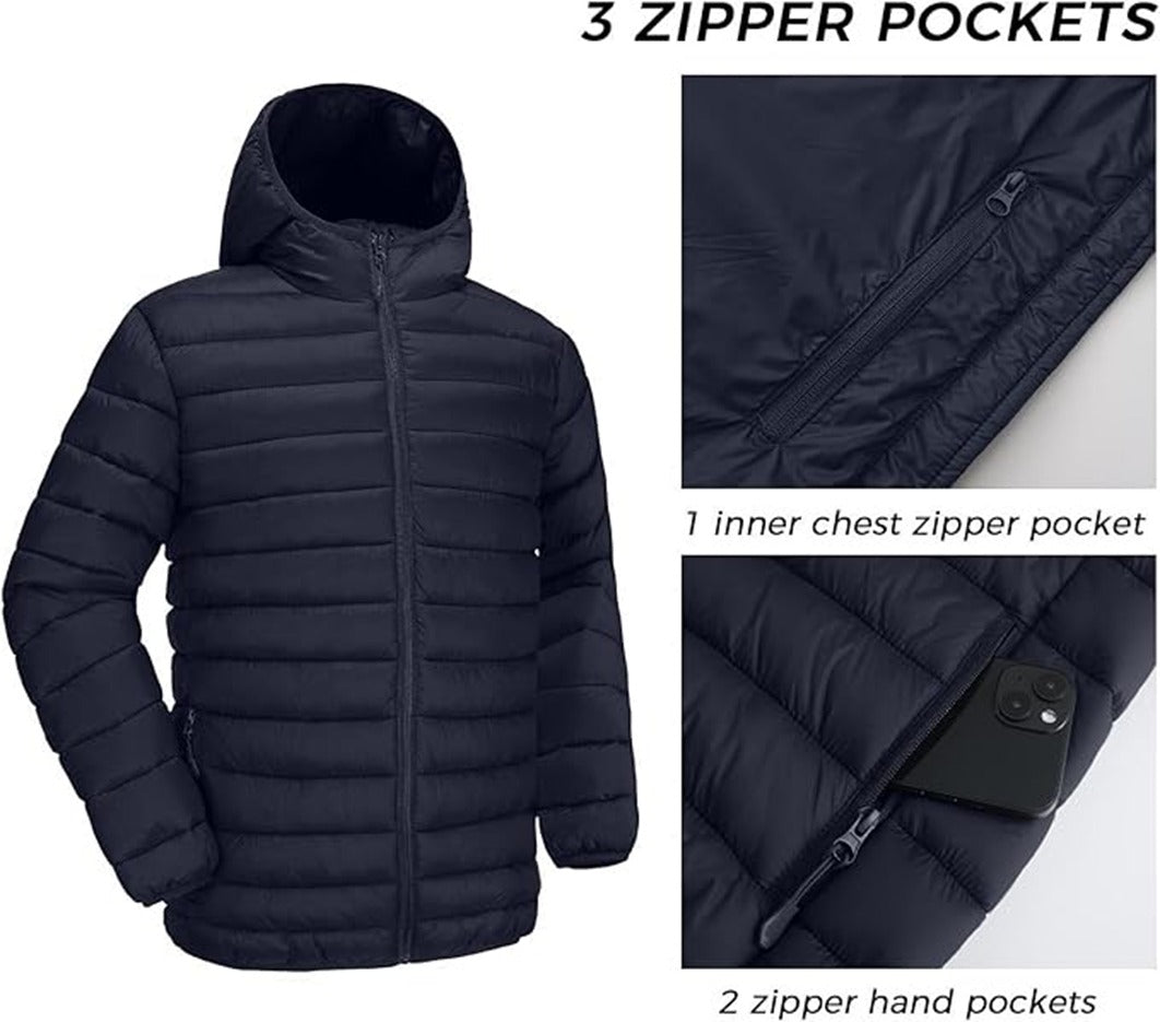 Puffer Jacket with Hood Warm Lightweight Hooded Winter Coat Puffer Jacket for Men Work Outdoor Hiking