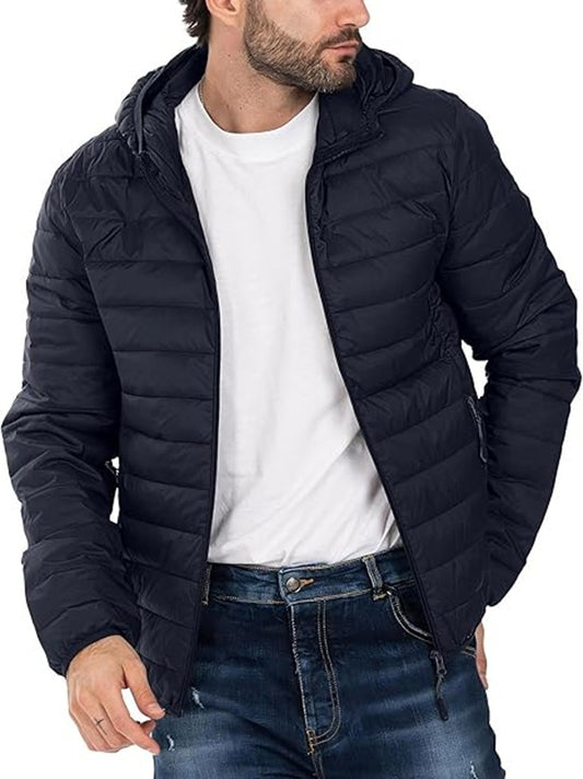 Puffer Jacket with Hood Warm Lightweight Hooded Winter Coat Puffer Jacket for Men Work Outdoor Hiking