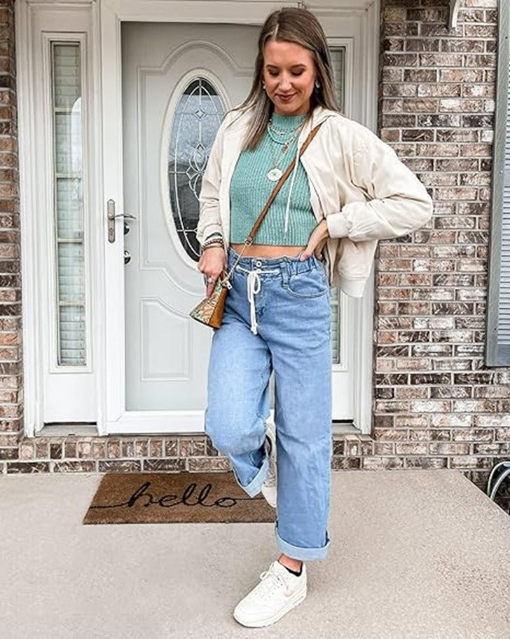 GRAPENT Wide Leg Jeans for Women Stretch High Waisted Elastic Waist Bell Bottom Baggy