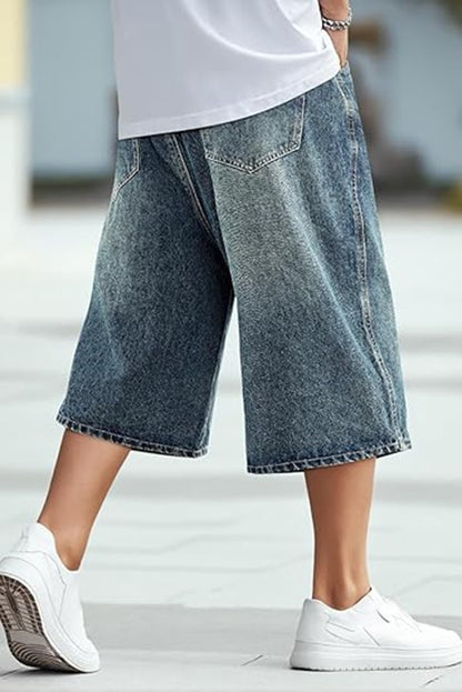 Men’s Baggy Jean Shorts Loose Fit Long Denim Shorts Below Knee 15 Inch Inseam