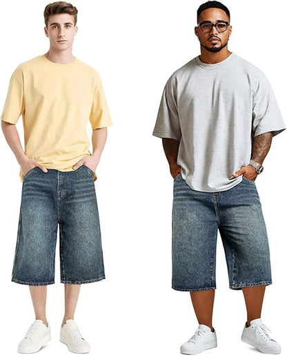 Men’s Baggy Jean Shorts Loose Fit Long Denim Shorts Below Knee 15 Inch Inseam