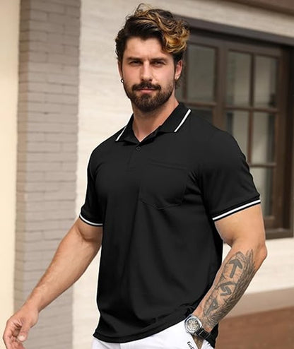 Men Polo Shirts Short Sleeve with Pocket Sport Wicking Shirts for Men Casual Athletic Collared T-Shirts